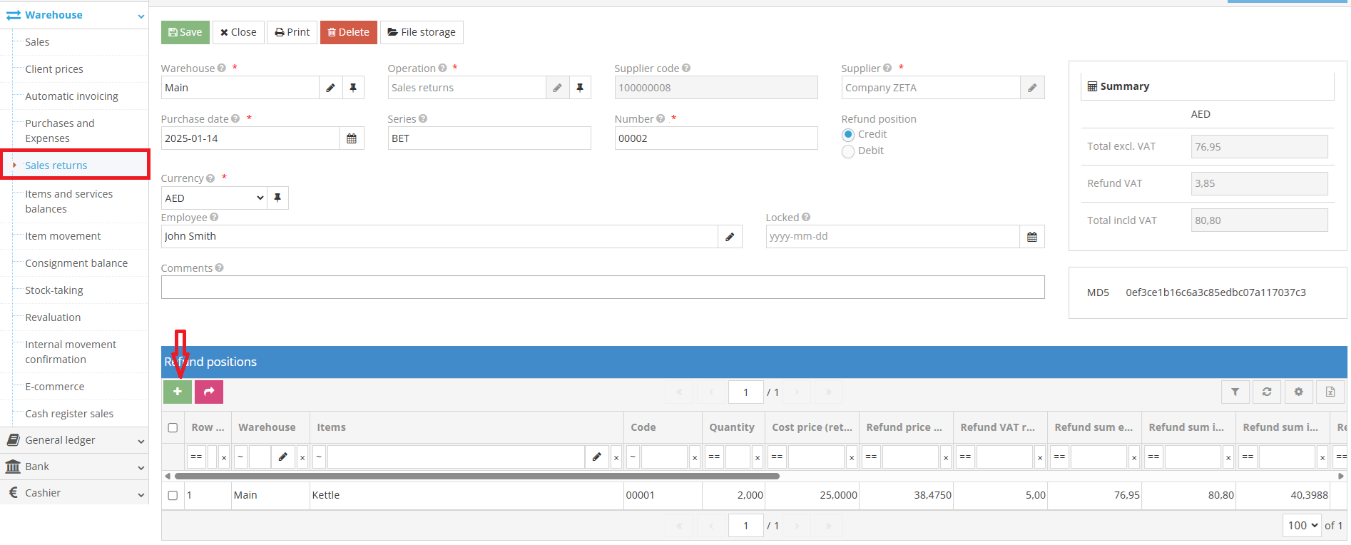 Form for adding returned items to the sales return document